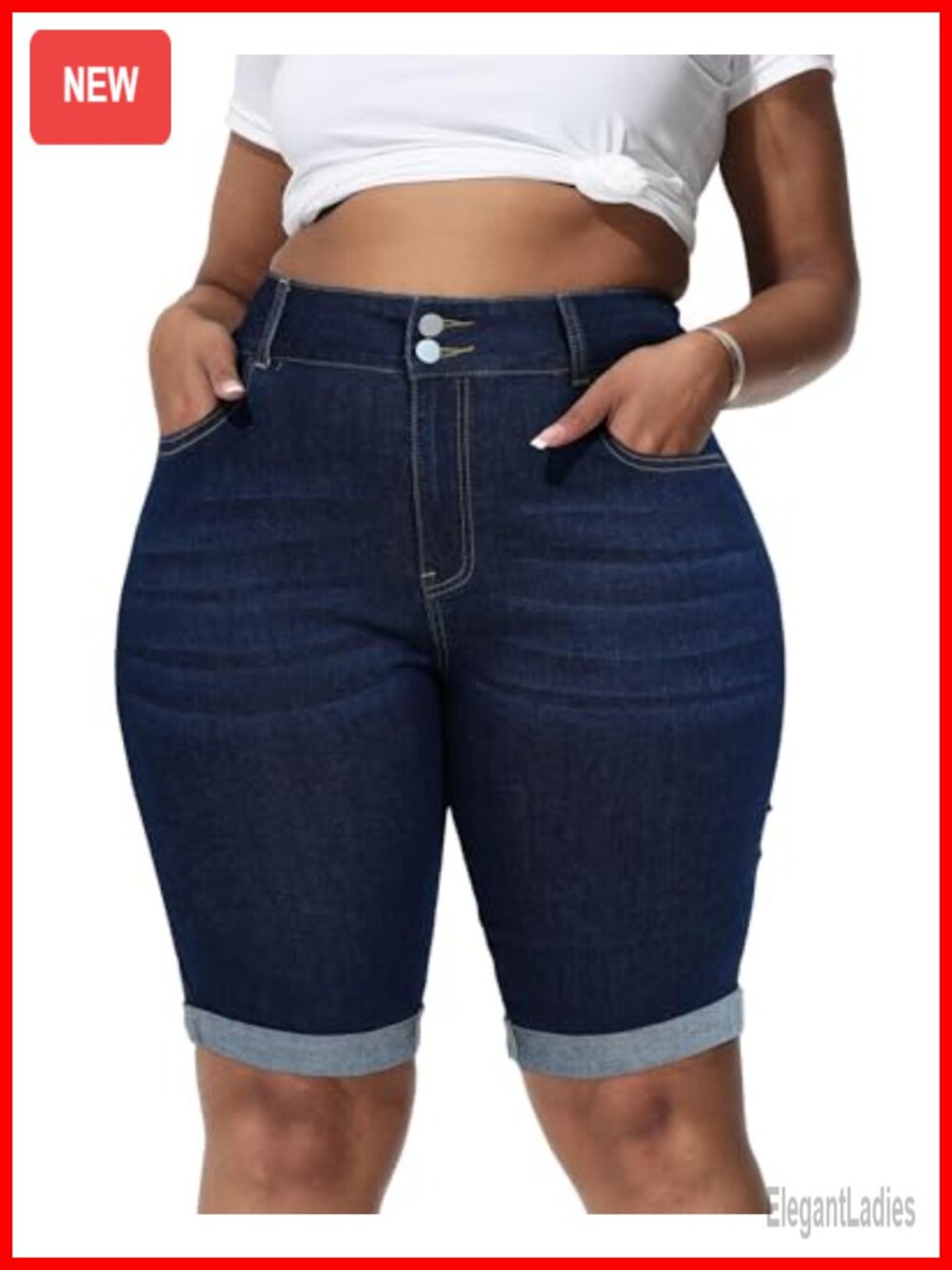 Women's Plus Size High Waisted Stretchy Denim Bermuda Shorts